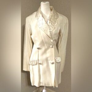 Vintage Dress / Suit / Skort-Cream colored satin tufted collar with rhinestones